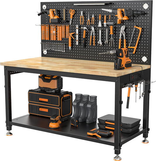 48" Heavy Duty Work Bench Adjustable Height Max Load 2000 LBS with Storage Shelf for Garage Workbench, Rubberwood Tabletop with Pegboard, LED Light, Built-in Power Strip for Woodworking Shop