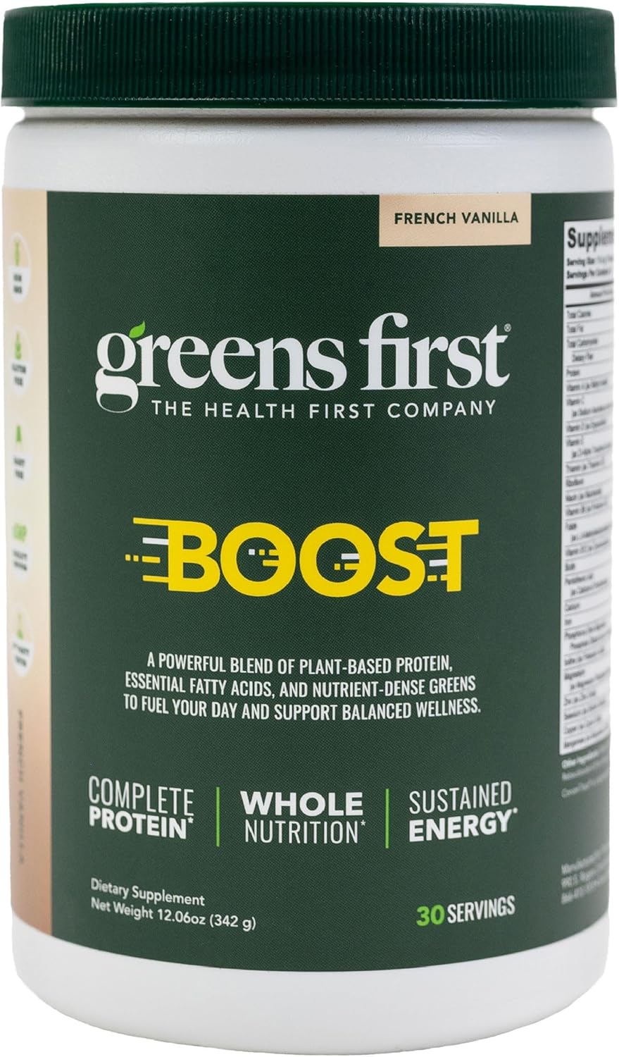 Greens First Boost - Plant-Based Protein & Balanced Nutrition - Superfood Shake Mix - No Wheat or Soy - Dairy-Free - Vegan - French Vanilla, 12.06 oz.