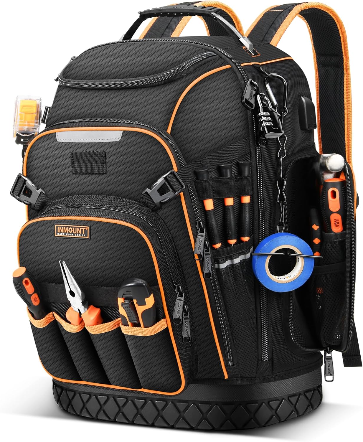 Tool Backpack, HVAC Tool Bag with Molded Base, Full Opening Electrician Tool Backpack for Men Heavy Duty, Tools Organizer Bags for Jobsite Work Handyman, Large Pockets & Combination Lock