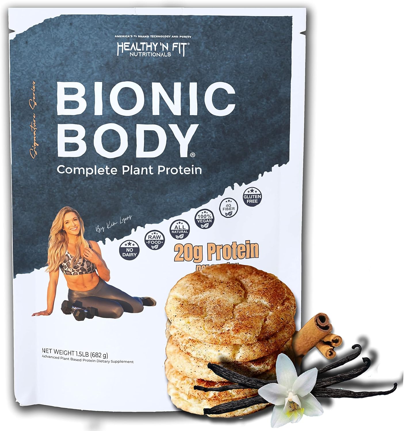 Healthy 'N Fit Bionic Body Protein, 1.5 lb, 22 Servings. 100% Natural Vegan 20g Protein with Added BCAA's for a Lean and fit Body. Kim Lyons Signature Series (Vanilla Snickerdoodle)