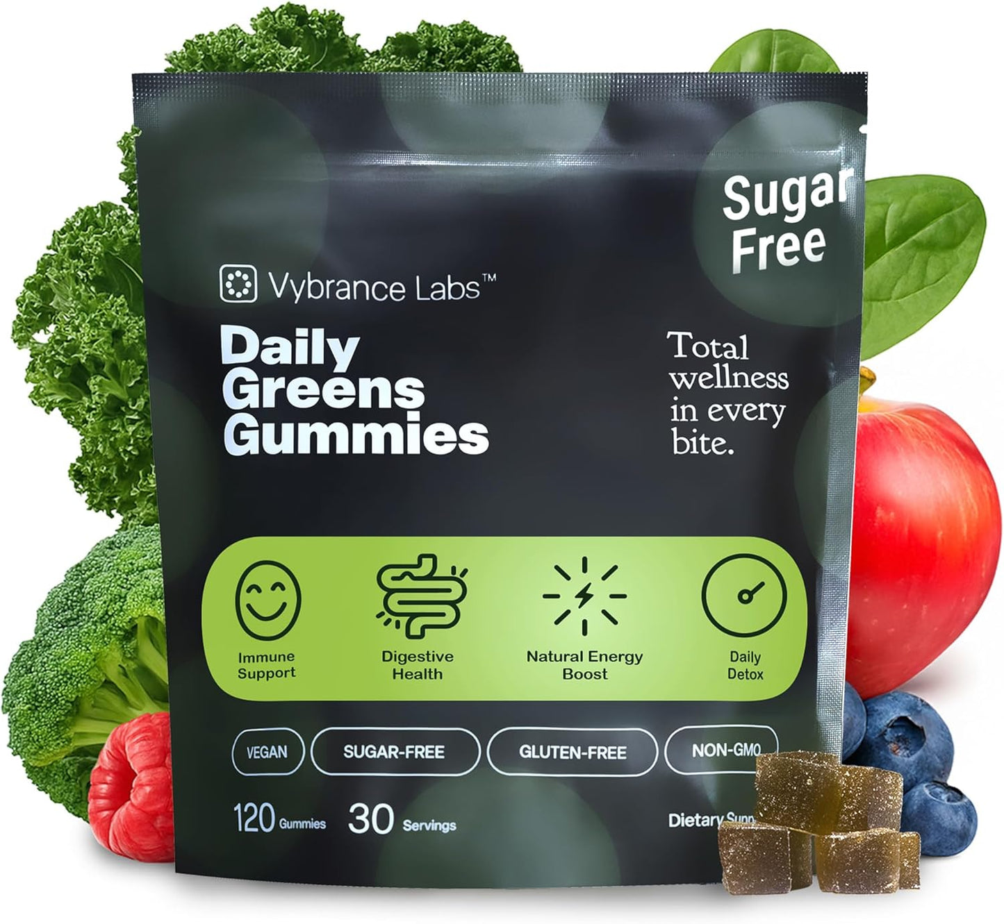 Daily Greens Gummies – Vegan, Sugar-Free Superfood Blend with Prebiotics, Probiotics & Enzymes | Gut & Immune Support, Natural Energy | Mixed Berry Flavor | 120 Gummies | Non-GMO, Gluten-Free