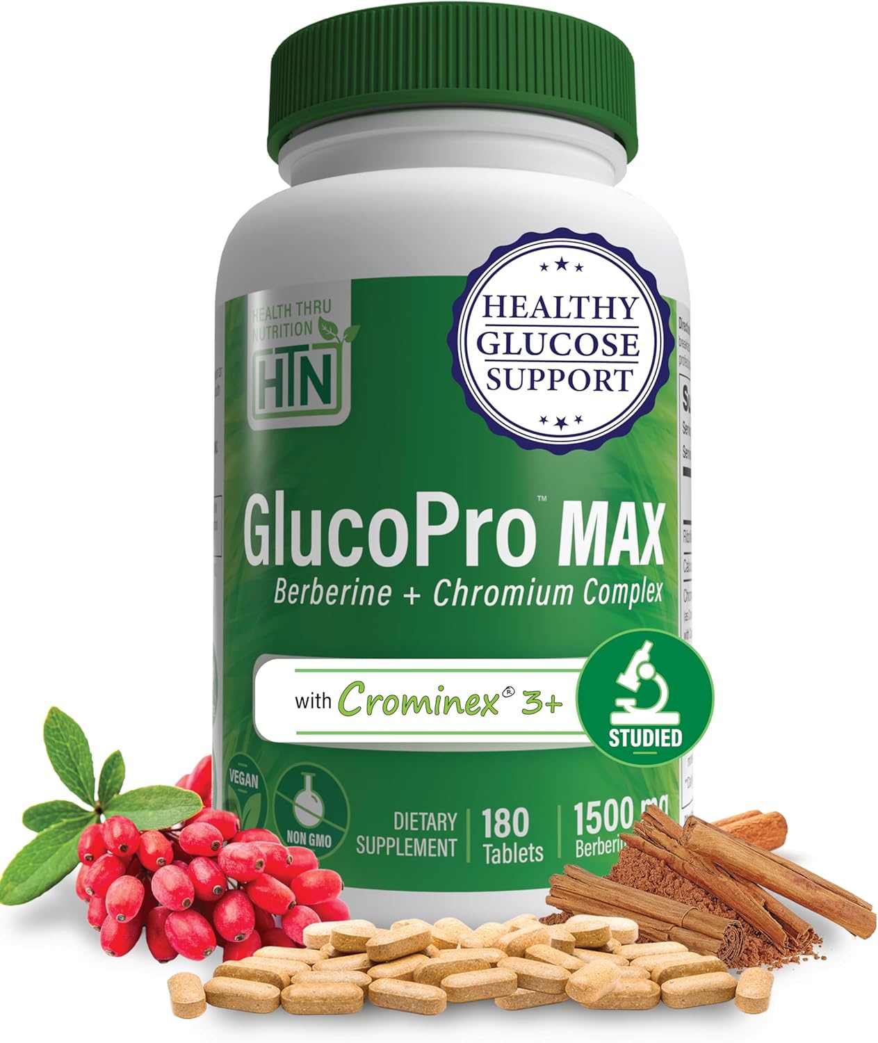Health Thru Nutrition GlucoPro Max - with 1,500mg Berberine, Chrominex + Chromium, and 1,000mg Cinnamon | Vegan, Non-GMO, Gluten Free | Pack of 180