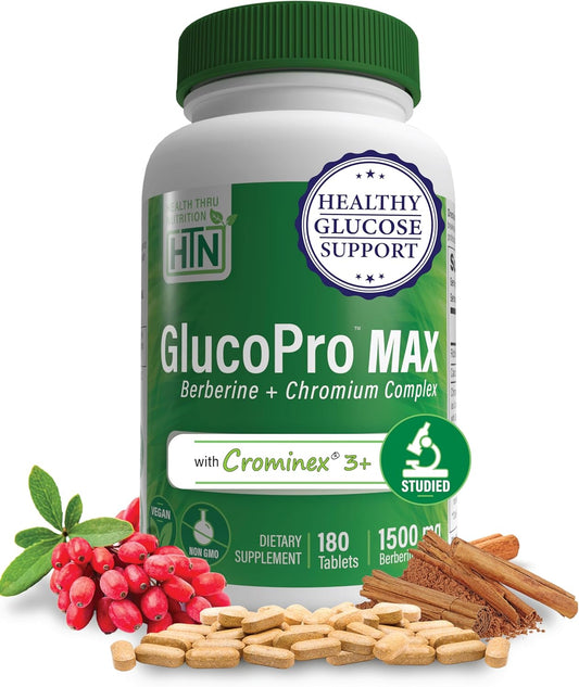 Health Thru Nutrition GlucoPro Max - with 1,500mg Berberine, Chrominex + Chromium, and 1,000mg Cinnamon | Vegan, Non-GMO, Gluten Free | Pack of 180