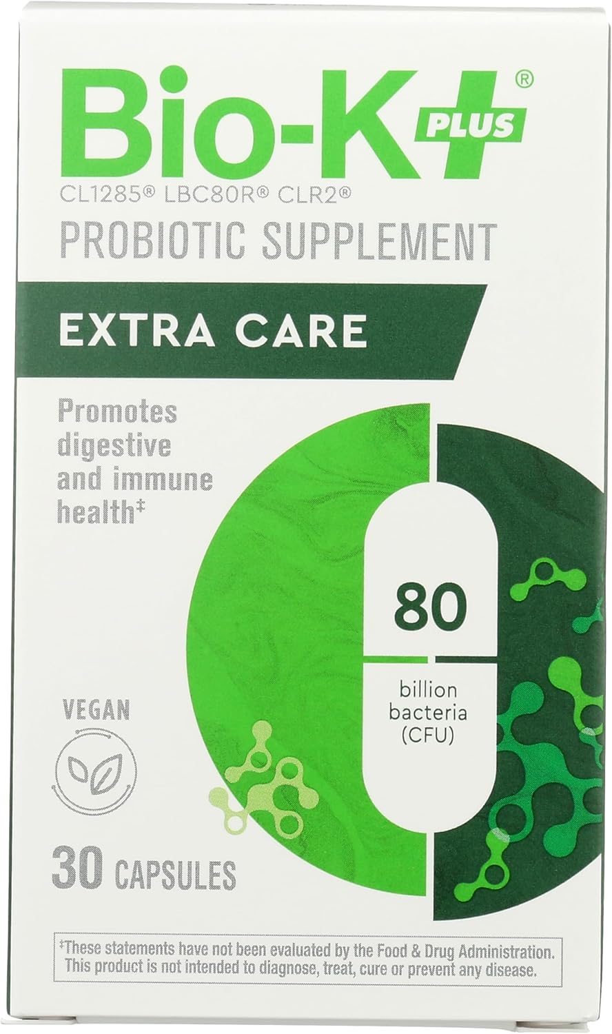 Bio-K + Extra Care Probiotic Supplement Capsules for Adult Men and Women, 80 Billion Active Bacteria, Promotes Immune System Health - Vegan & Gluten-Free Delayed Release, 30 Capules/Box]
