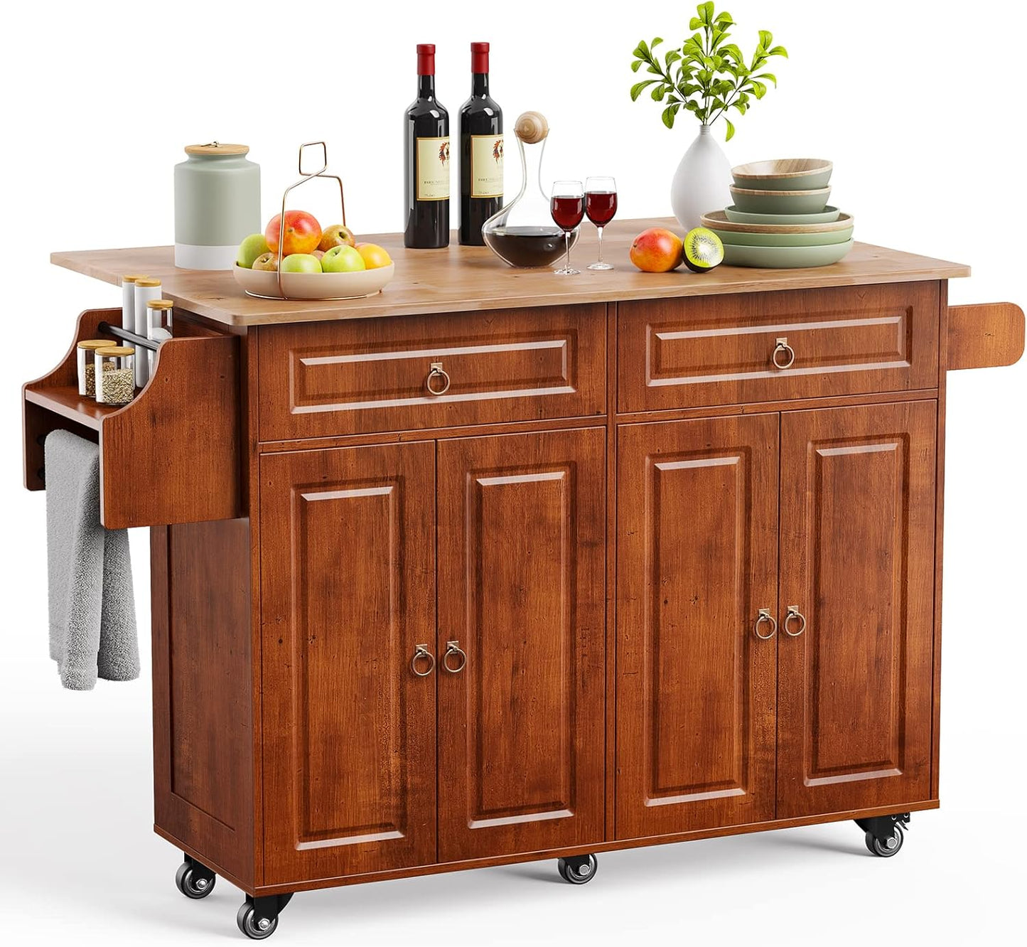 Qsun Kitchen Island with Drop Leaf and Storage, on Wheels Two Drawers, Large Storage Cabinet, Towel Rack Spice Cart Brown