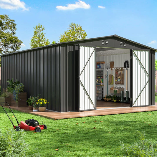 PABIMIA 14X12 FT Outdoor Storage Shed, Durable Metal Outside Storage with Lockable Doors, Waterproof Storage Shed for Tools, Equipment, Ideal for Backyard Garden Patio Lawn