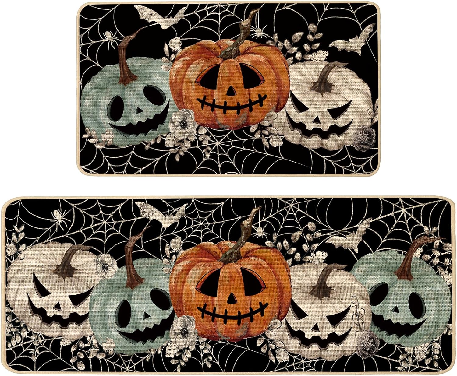 Baccessor Halloween Kitchen Mats Set of 2, Spooky Pumpkins Spider Web Ghost Kitchen Mat Rug Low-Profile Non Slip Absorbent Kitchen Floor Mats for Fall Home Party Decor 17x29 and 17x47 Inch (Black)