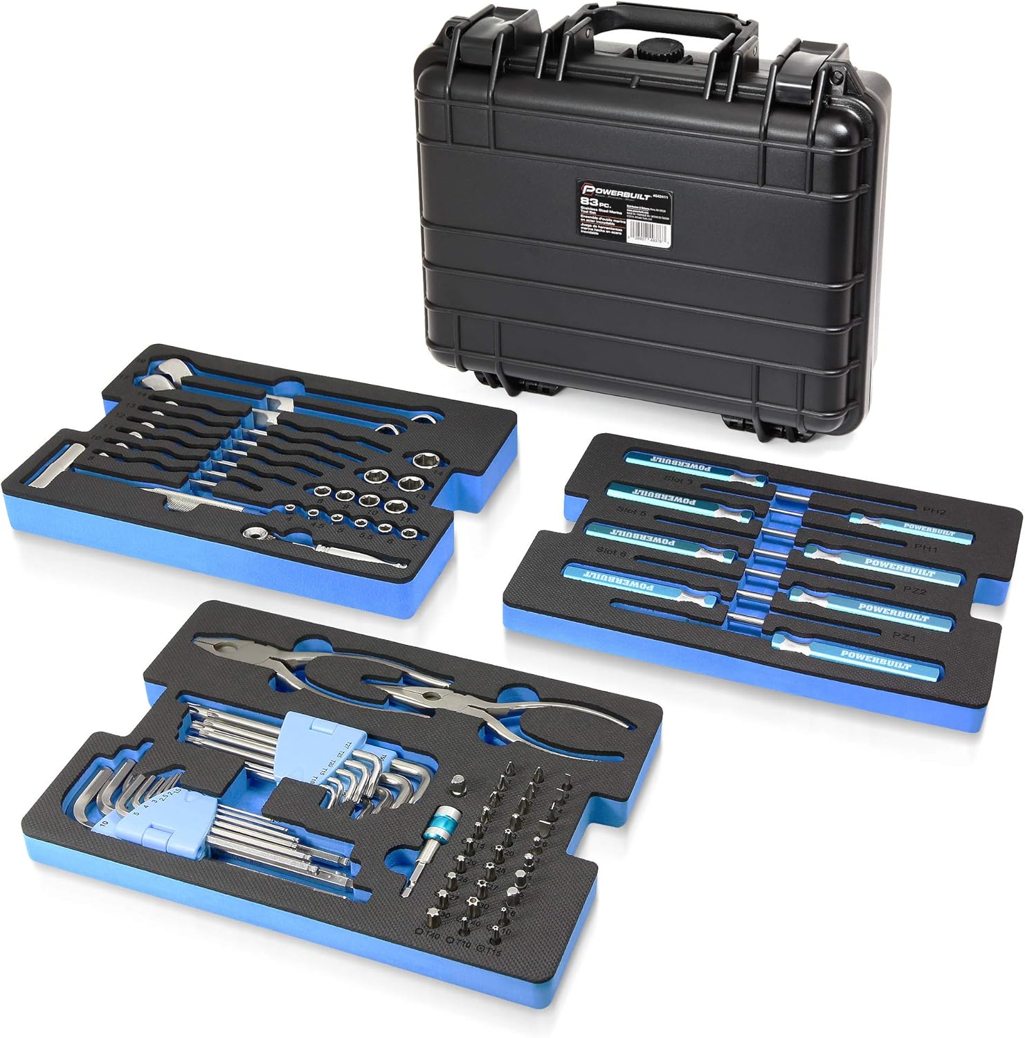 Powerbuilt 83 Pc. 420J2 Stainless Steel Marine Boat Repair Tool Set, Drivers, Pliers, Wrenches, Mallet, Bit Driver/Bits, Sockets, Watertight Shock Resistant Case with Lift-Out Foam Tool Trays - 642411