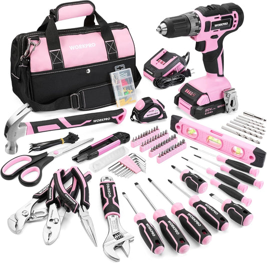 WORKPRO Pink Tool Kit with Drill, Tool Set with 20V Cordless Lithium-ion Drill Driver, Pink Drill Set for Women, 157PCS Home Tool Kit, Lady's Repairing Kit with 14-Inch Storage Bag - Pink Ribbon