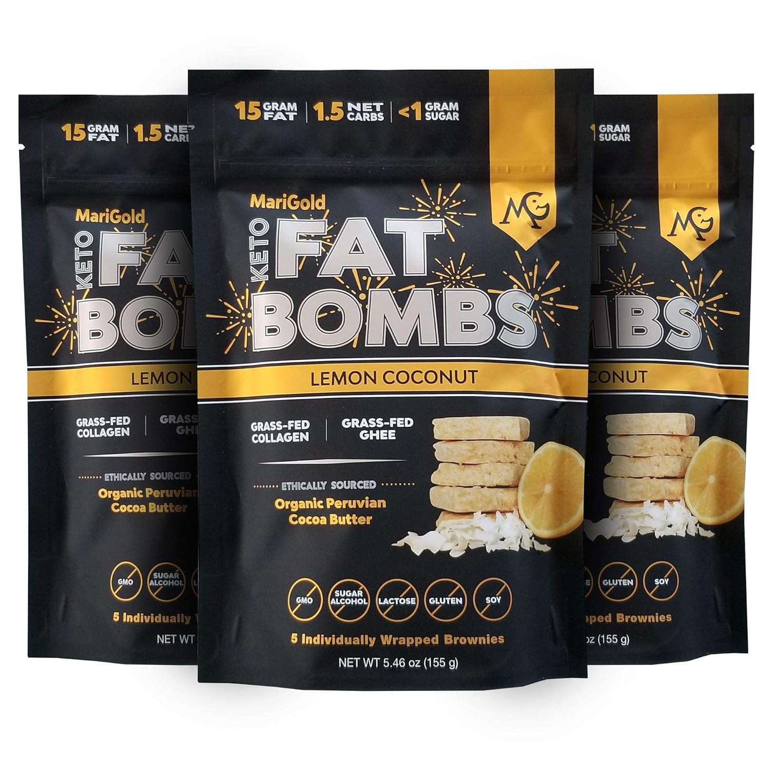 MariGold Keto Fat Bombs - Lemon Coconut - Low Carb, Collagen Rich, Grass-fed Ghee, Organic Cocoa Butter, Gluten-Free, Non-GMO (3 bags, 5 Servings each)