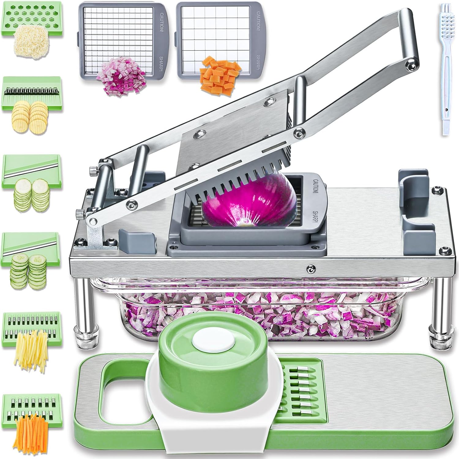 All-in-1 Vegetable Chopper with 8 Blades - Mandoline Slicer-Pro Food Chopper with Container - Veggie Salad Onion Chopper - Potato Dicer French Fry Cutter - Cheese Grater - Stainless Steel material