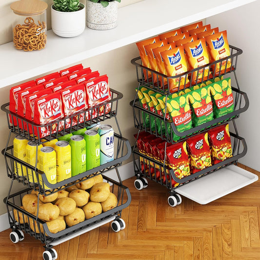 3-Tier Rolling Pantry Cart with Wheels, Stackable Wire Storage Floor Organizer for Kitchen Pantry Snack Shelves, Fruit Basket Stand, Vegetable Storage Rack for Snacks Fruits Onion Potato
