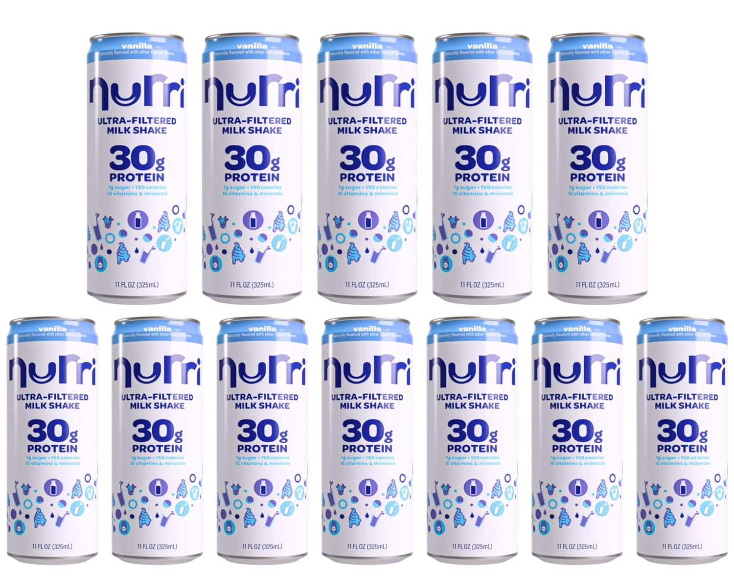 Nurri vanilla 12-Pack Ulta Filtered Milk Shake, 30g Protein, 1g Sugar, 150 Calories, 10 Vitamins and Minerals Per Can | 12-11 Fl Oz Cans Per Package, Grade A Lactose Free (12 Pack, Vanilla)