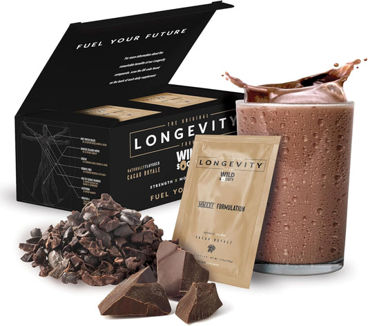 WILD SOCIETY Longevity Shake - Anti Aging Supplement - Protein Powder for Muscle Retention & Recovery, with Whey Isolate, Collagen & Creatine | Cacao Royale, 15 Servings
