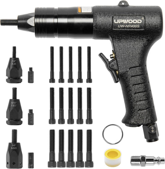 Pneumatic Rivet Nut Gun with 1\/4-20, 5\/16-18 & 3\/8-16 Nose-Piece and Mandrels,Air Rivet Nut Pull Setter Tool, Quick-Change Nose-Piece Assembly, 5pcs Mandrels Included with Each Size