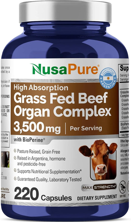 NusaPure Grass Fed Beef Organ Complex | 220 Capsules | Pasture Raised | with Desiccated Liver, Kidney, Pancreas, Heart, Spleen | Soyfree Non-GMO, Bioperine