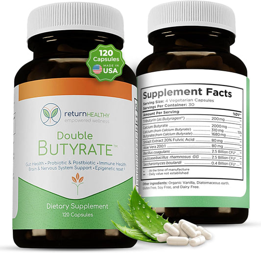 Return Healthy Double Butyrate Gut Health Supplement | Probiotic & Postbiotic Digestive Supplements for Gut Support | Enhances Immune, Brain, & Nervous System Function | Odor-Free Formula | 120 caps