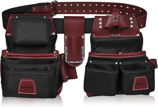 NUTUCH Nylon and Leather Tool Belt | Nylon Tool Pouch | Carpenter Tool Belt | Construction | Framers | Electrician Tool Belts | Drywall Tool Bags | Handyman | Electric (BLACK)