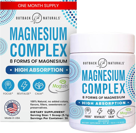 Magnesium Complex Powder - 8 Types of Magnesium, L-Threonate (Magtein), Glycinate, Malate, and More for Brain Health, Relaxation, Maximum Absorption - Unflavored, 30 Servings