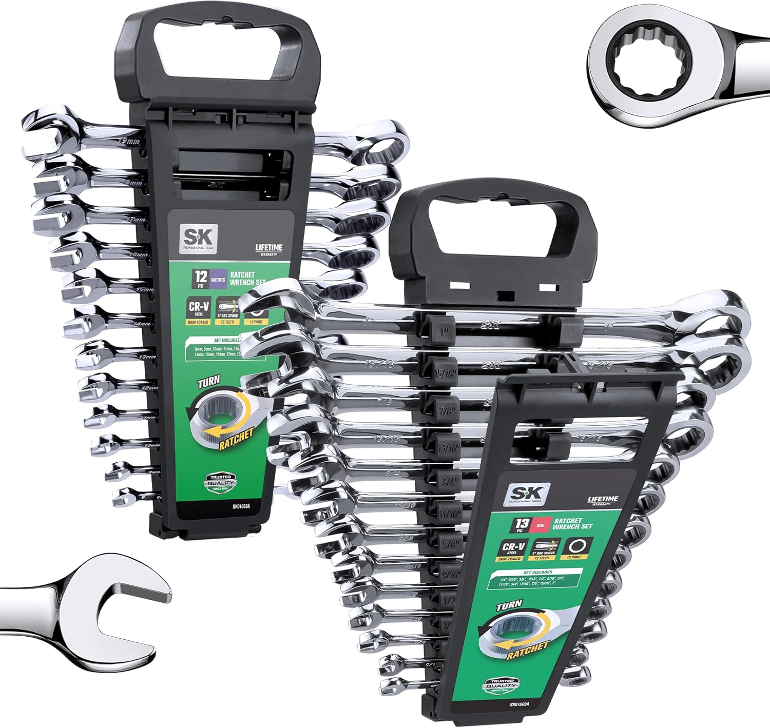 SK Ratcheting Wrench Set, Combination Wrench Set, 25-Piece, SAE 1\/4" to 1", Metric 8 to 19mm, 72-Tooth, Premium CR-V Construction, with Rack Organizer