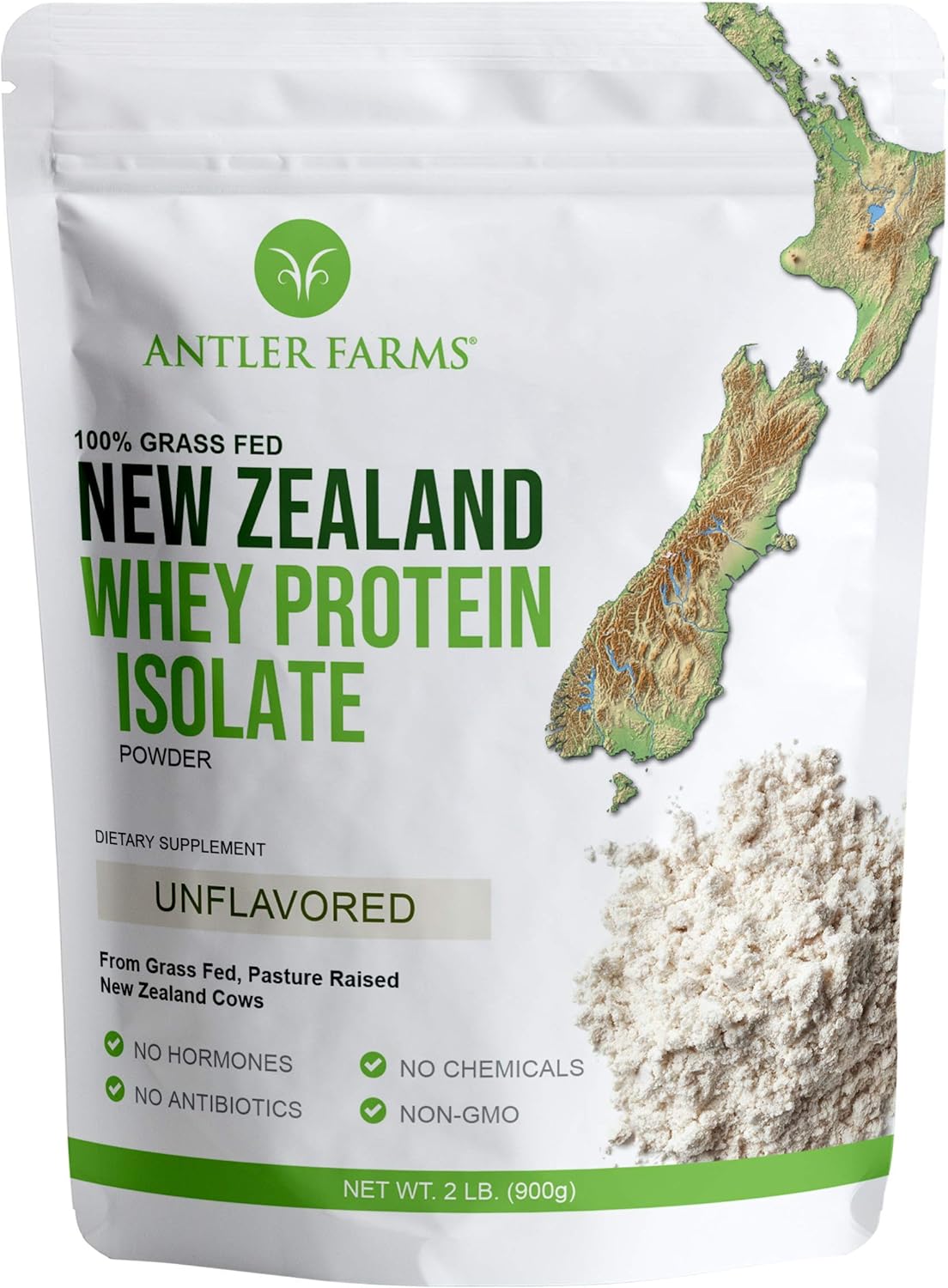 Antler Farms - 100% Grass Fed New Zealand Whey Protein Isolate, Unflavored, 2 lbs - Pure and Clean, 2 Ingredients, Delicious, Cold Processed
