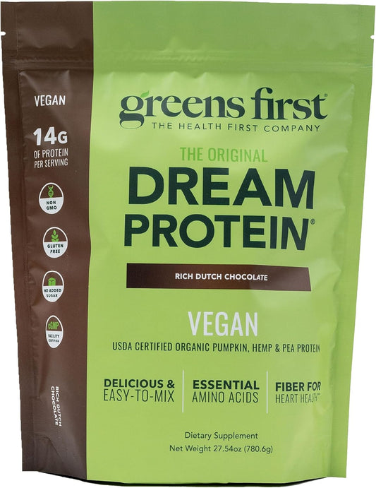Greens First Dream Protein Plant-Based Vegan Powder - USDA Organic Pumpkin, Hemp & Pea Protein - Gluten-Free, Non-GMO, No Added Sugar (Rich Dutch Chocolate, 27.54 oz)