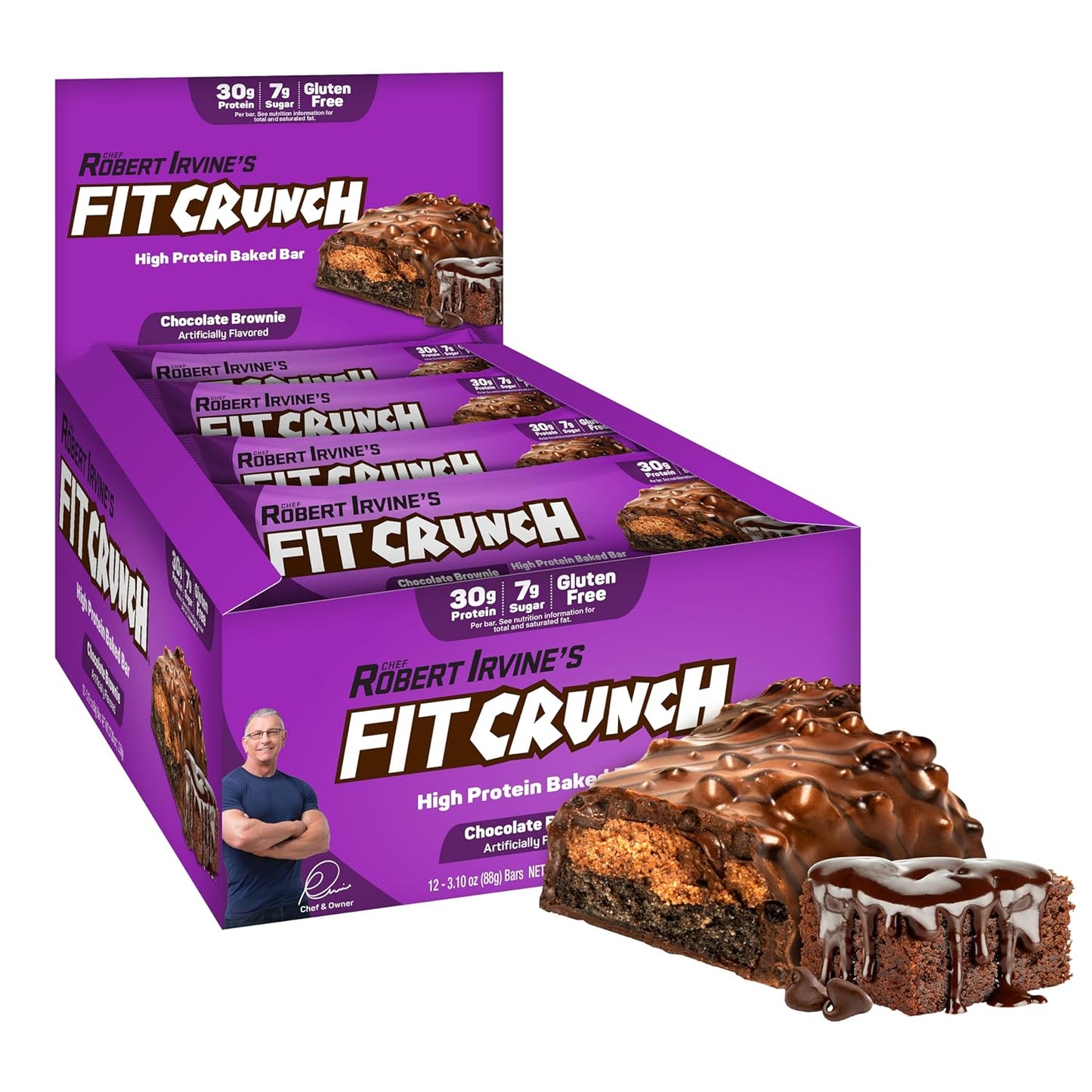 FITCRUNCH Full Size Protein Bars, 6-Layer Baked Bar, 7g of Sugar, Gluten Free & Soft Cake Core (12 Full Size Bars, Chocolate Brownie)