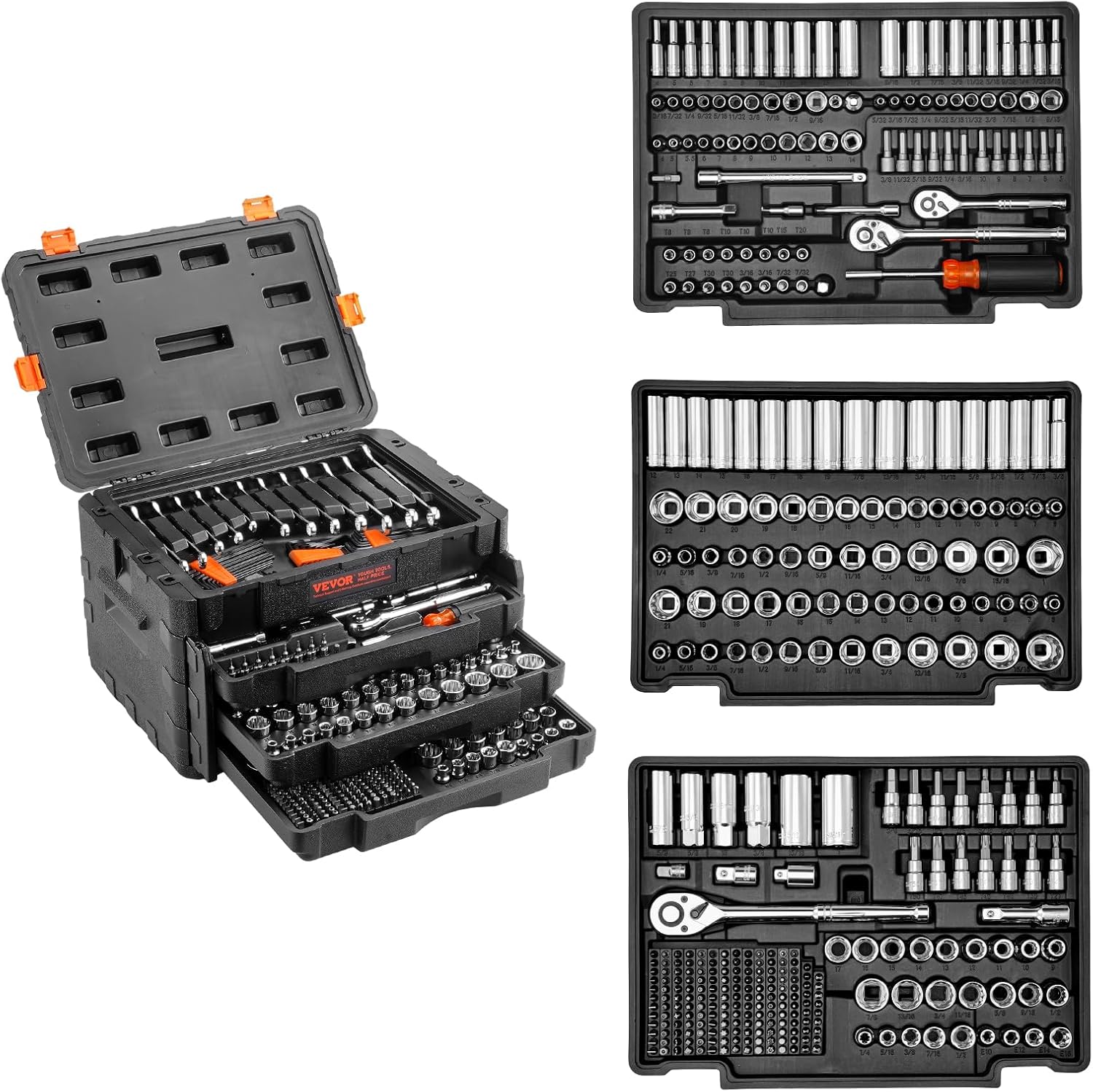 VEVOR Mechanics Tool Set and Socket Set, 1/4" 3/8" 1/2" Drive Deep and Standard Sockets, 450 Pcs SAE and Metric Mechanic Tool Kit with Bits, Hex Wrenches, Combination Wrench, Accessories, Storage Case