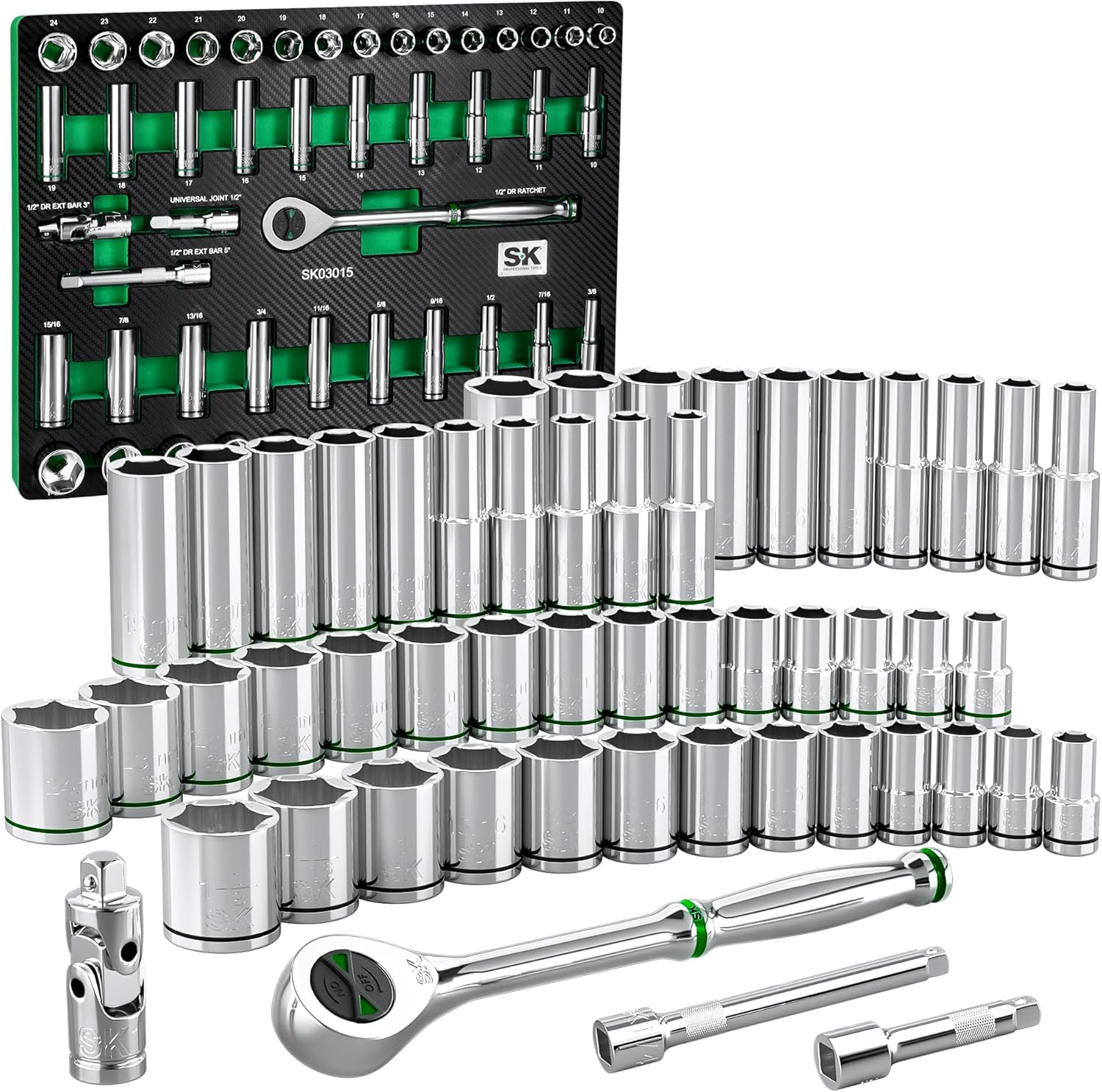 SK 1\/2" Drive Socket Set with 160-P Ratchet, 52-Piece, SAE & Metric, SuperKrome Finish, Premium CR-V Construction, with EVA Foam Tool Organizer