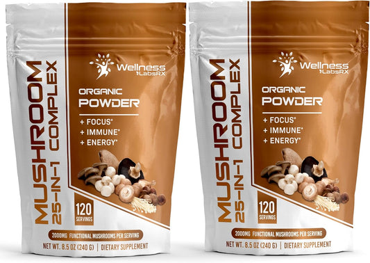WELLNESS LABSRX Mushroom Powder, 25 in 1 Mushrooms Supplement - 2000mg, 25 Superfood Mishroom Lions Mane Powder with Chaga, Shiitake, Cordyceps, Reishi - Lion's Mane Mushroom - Pack of 2