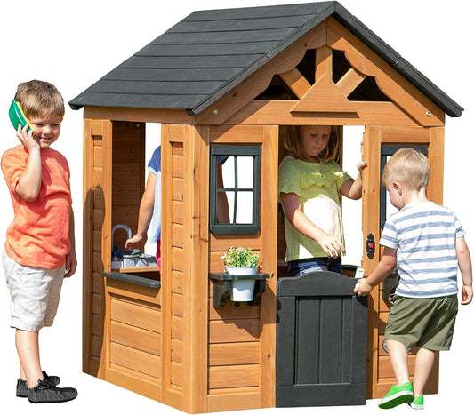 Backyard Discovery Sweetwater Cedar Wooden Kids Playhouse Cottage with Play Kitchen, Snack Bar, Half Door, Toy Phone, Windows, Flowerpot Holders, and Working Doorbell for Outdoor Imaginative Play