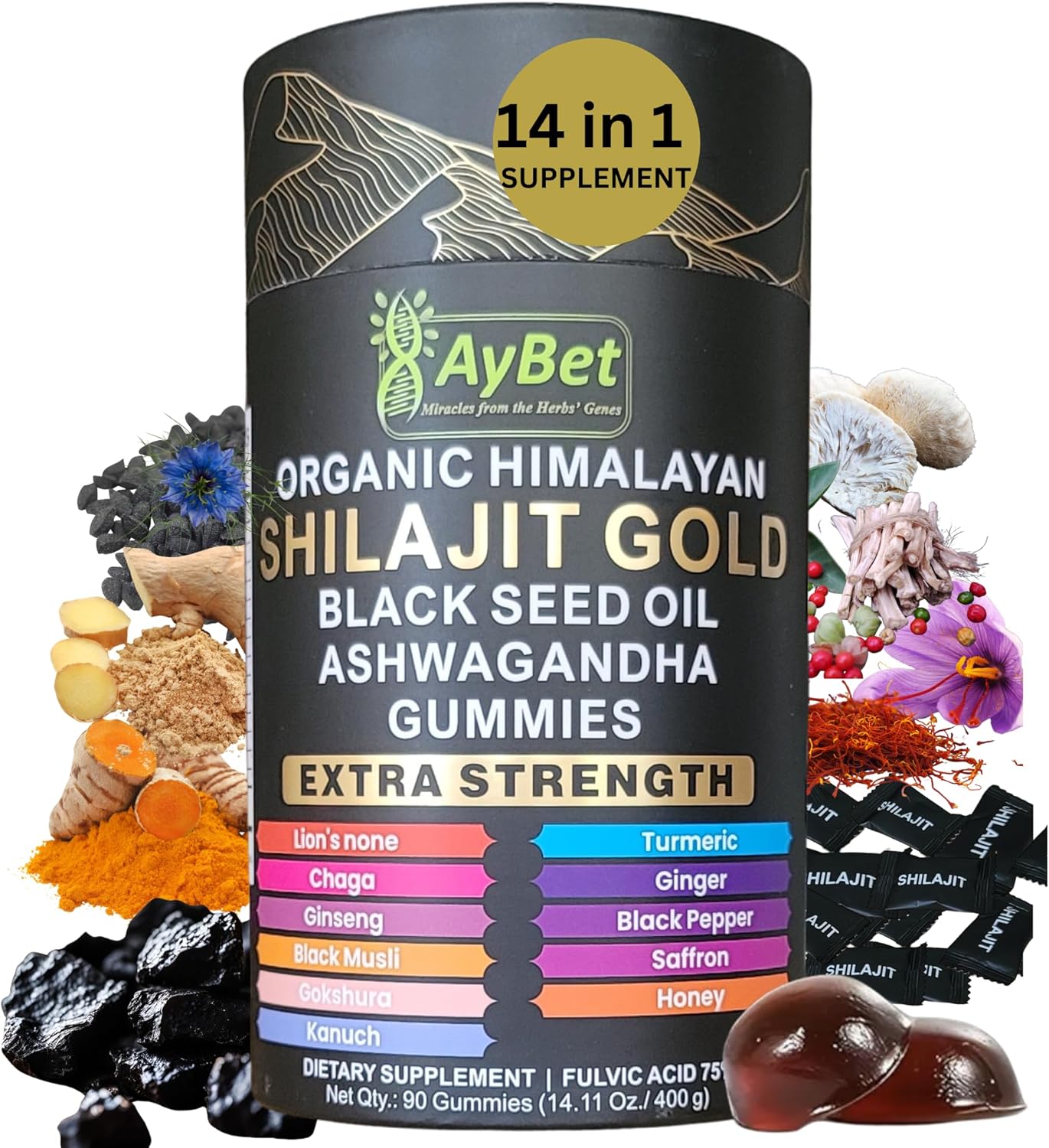 Organic Pure Himalayan Shilajit Gold Gummies for Men and Women, Black Seed Oil, Ashwagandha, Ginseng, Turmeric, Gokshura, Lion's None, Lab Tested,%75 Fulvic Acid, No Sugar Added, Halal, 90Gummy