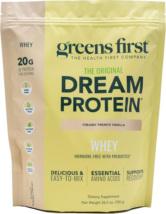 Greens First Dream Protein Powder Whey - 20g Protein Per Serving - Hormone-Free with Prebiotics - Non-GMO - No Artificial Sweeteners\/MSG\/Aspartame (Creamy French Vanilla, 26.5 oz)