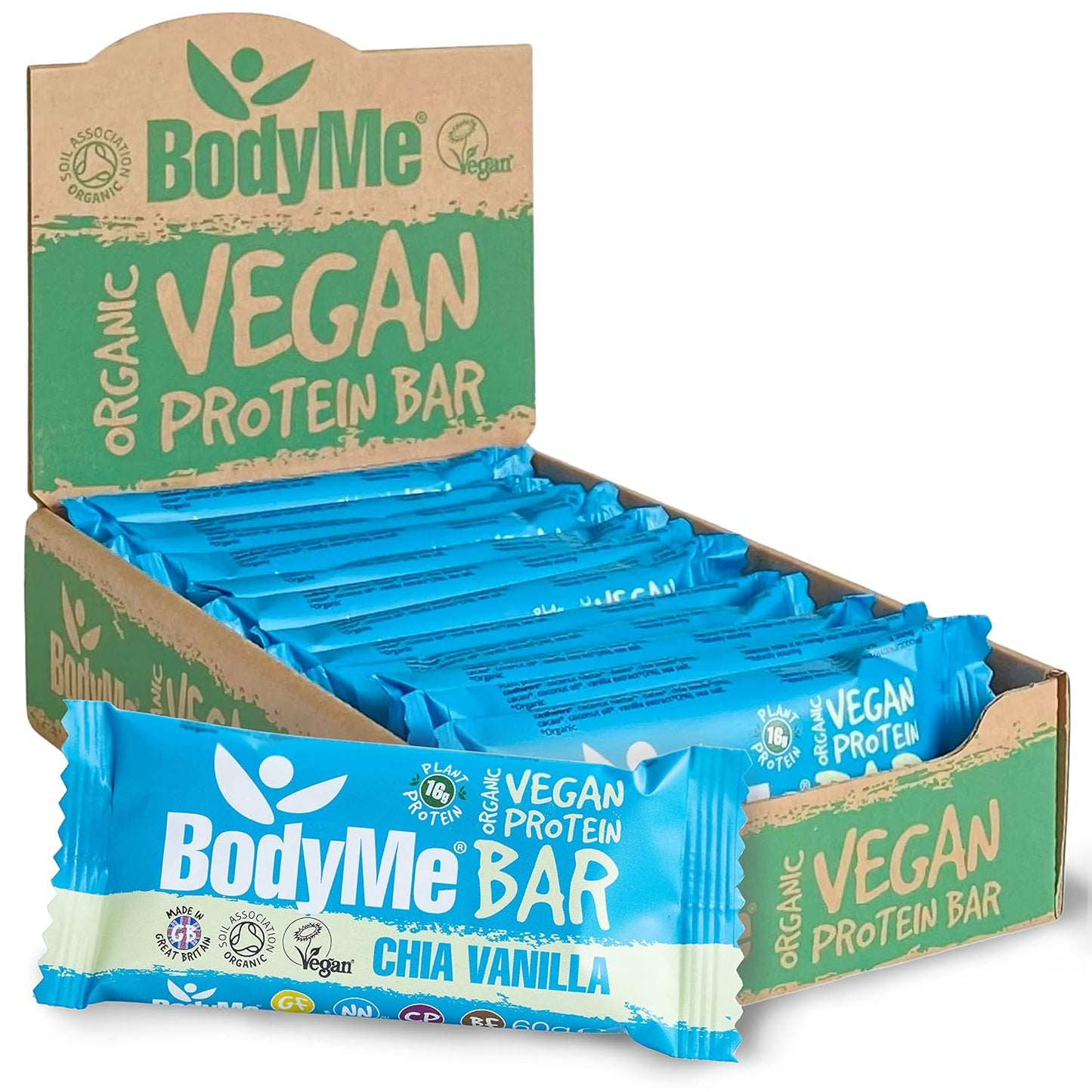 BodyMe Organic Vegan Protein Bar | Raw Chia Vanilla | Box of 12 x 2.12oz (60g) | With 3 Plant Proteins