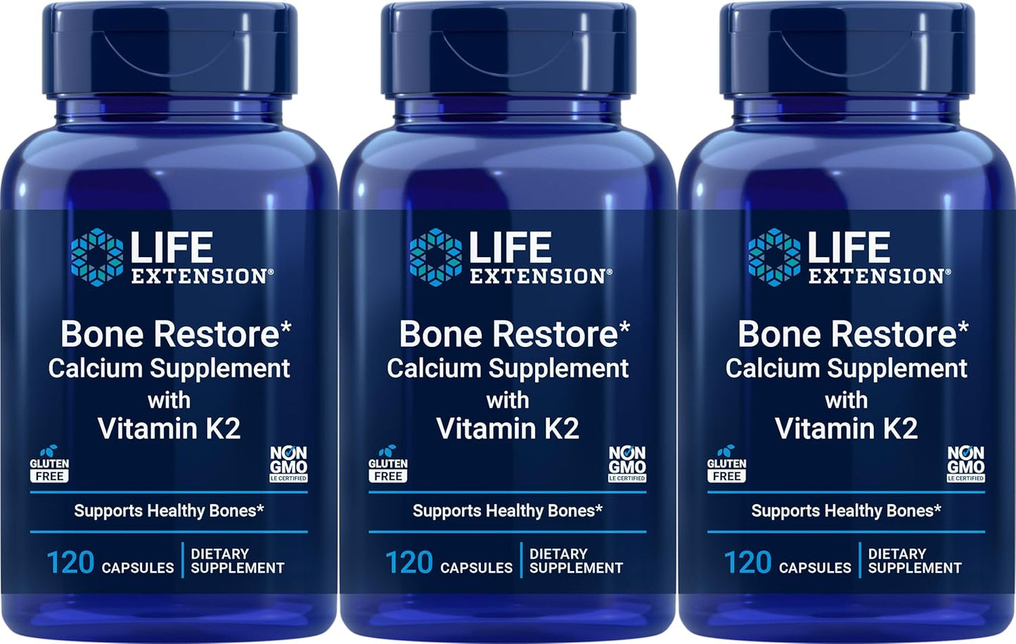 Life Extension Bone Restore Calcium Supplement with Vitamin K2, 120 Capsules (Pack of 3)