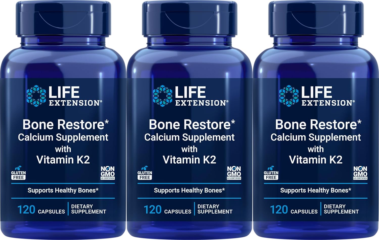Life Extension Bone Restore Calcium Supplement with Vitamin K2, 120 Capsules (Pack of 3)