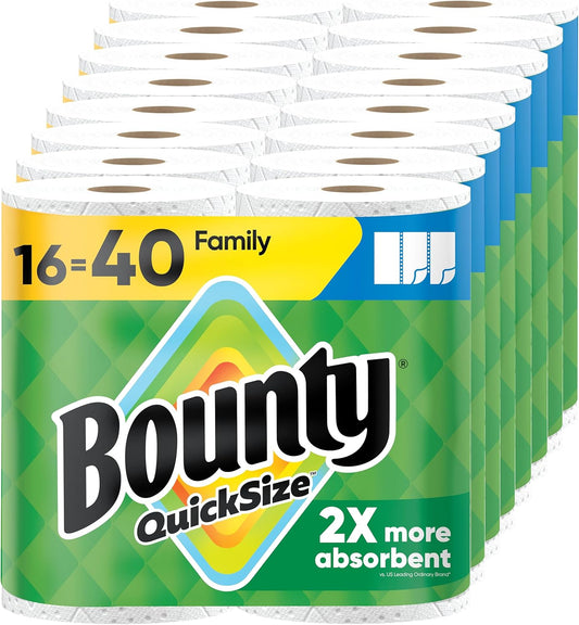 Bounty Paper Towels Quick Size, White, 16 Family Rolls = 40 Regular Rolls