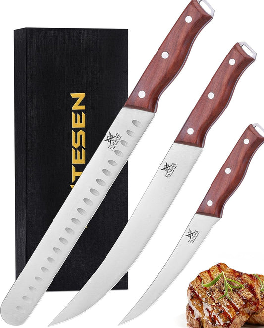 3PCS Professional Butcher Knives Set, BBQ Brisket Beef Slicing Carving Knife Full Tang Rosewood Handle High Carbon Steel Sharp for Meat Watermelon Cutting Home Kitchen, Gifts for Men Women