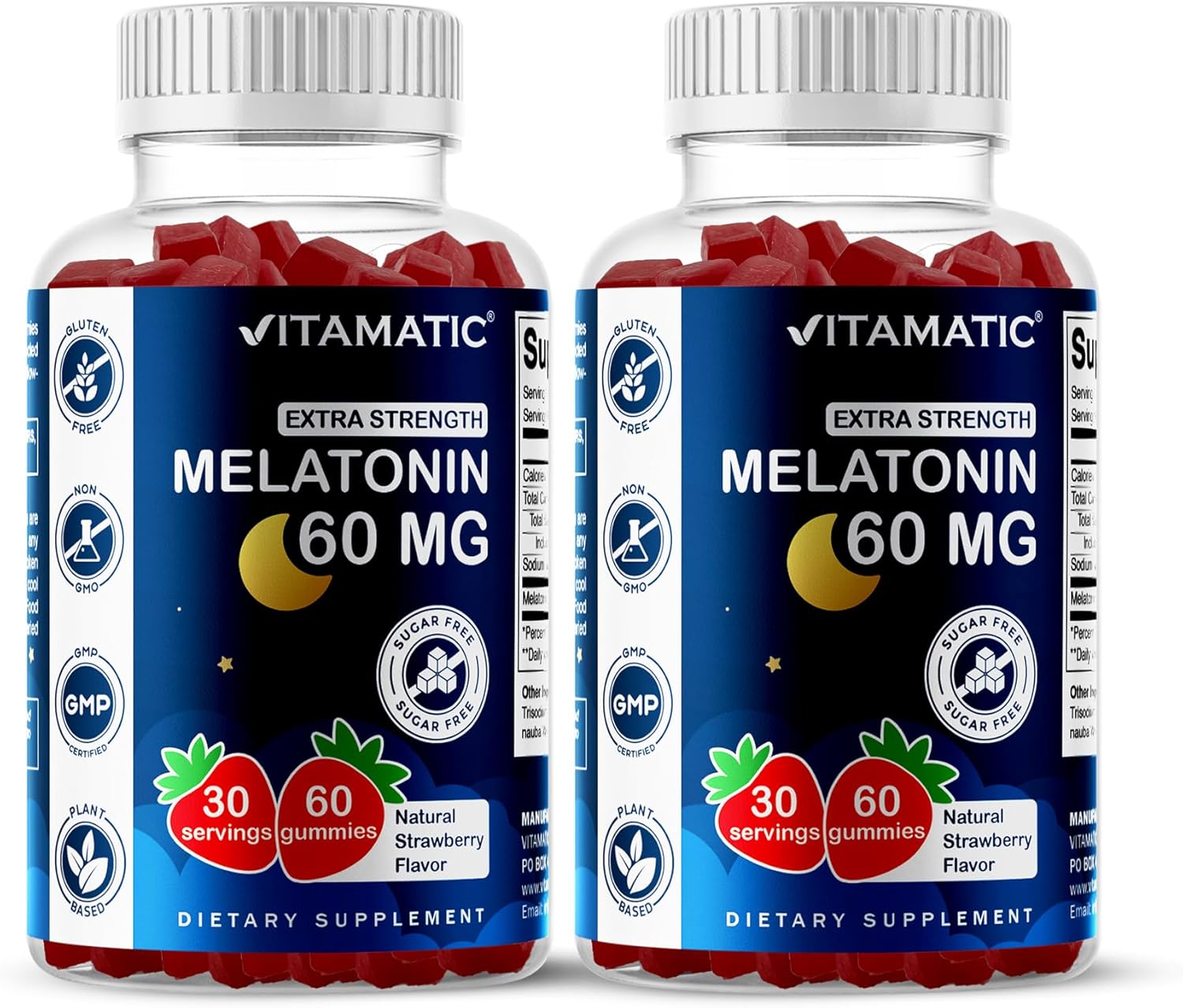 Vitamatic Sugar Free Melatonin 60 mg - 60 Vegetarian Gummies - Non-Habit Forming Supplement- 2 Pack