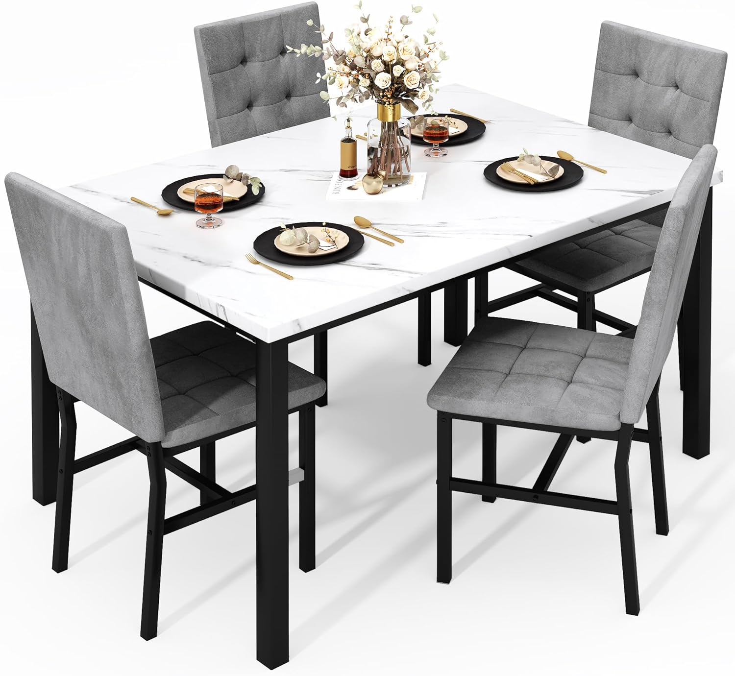 AWQM Dining Table Set for 4,Faux Marble Kitchen Table and Chairs Set of 4, Modern Dining Room Set for 4,Dinner Table Set with Velvet Chairs, Dining Set for Small Spaces,White & Grey