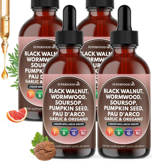 Wormwood Black Walnut Cleanse for Humans Drops Liquid Soursop Garlic Pumpkin Seed PAU D'Arco Oil of Oregano Turmeric Berberine Neem Extract Hull Bark Tincture - 8 oz