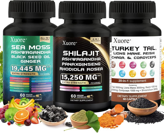 Shilajit,Sea Moss, Black Seed Oil,Mushroom & Herb Supplement with Lions Mane, Turkey Tail, Reishi, Cordyceps, Chaga, Ashwagandha, Ginger, Rhodiola Rosea & Panax Ginseng,All in One Supplement.