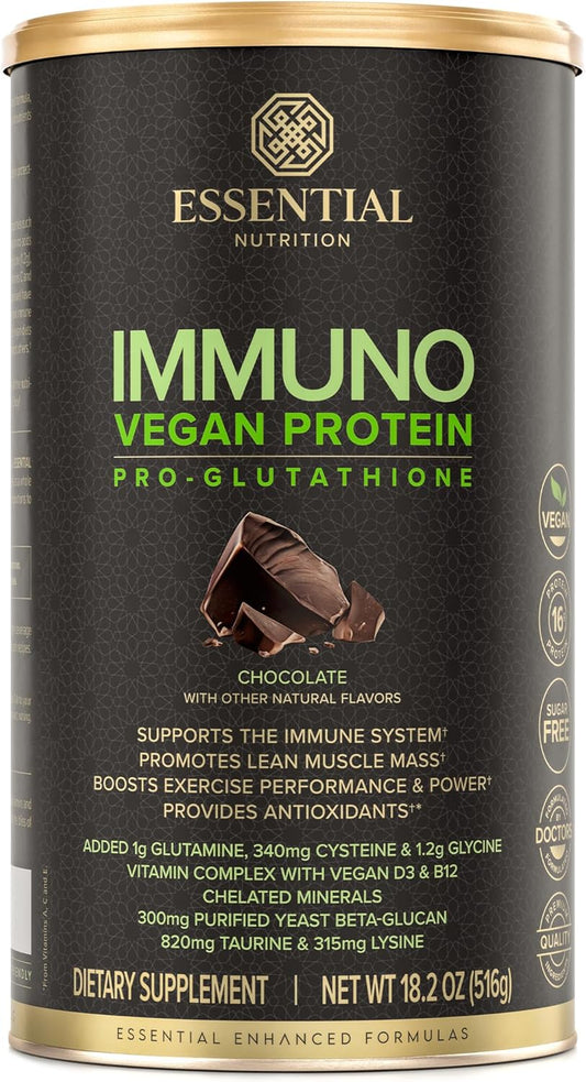 Immuno Vegan - Plant-Based Protein Powder, 16g Protein Per Serving, Added Amino Acids & Multivitamin - Beta Glucan, Glutathione Production - Chocolate - 18.2oz