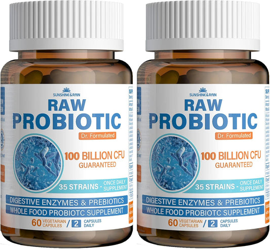 Raw Probiotics for Women & Men - 100 Billion CFU, 35 Strains, Organic Prebiotics & Natural Digestive Enzymes for Digestive, Gut & Immune Health - Soy and Gluten Free, Non-GMO, 120 Vegan Capsules