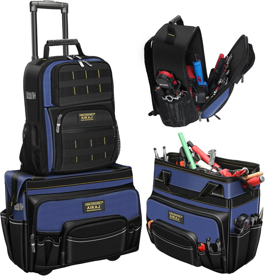 AIRAJ 21" Rolling Tool Bag with Wheels & 18" Tool Backpack Set | Adjustable Telescoping Handle | Waterproof Tool Bag | Tool Backpack Heavy Duty | 1680D Oxford Cloth | USB Charging Port | 55 Pockets