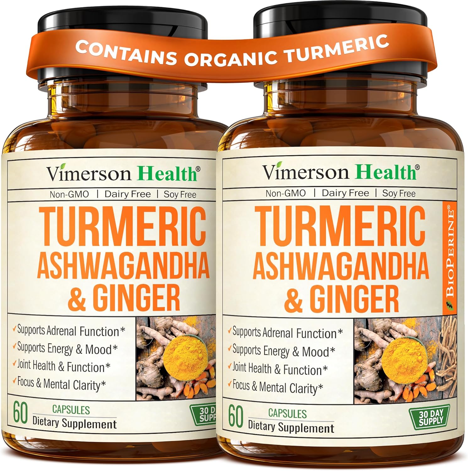 Ashwagandha Turmeric Curcumin Supplement with Ginger - Organic Turmeric Supplement, Curcumin with Black Pepper (95% Curcuminoids), Ginger Root for Joint Health, Energy & Immune Support. 2 Pack