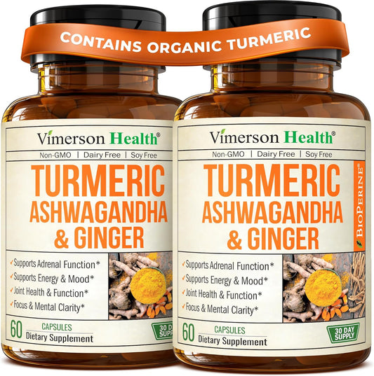 Ashwagandha Turmeric Curcumin Supplement with Ginger - Organic Turmeric Supplement, Curcumin with Black Pepper (95% Curcuminoids), Ginger Root for Joint Health, Energy & Immune Support. 2 Pack