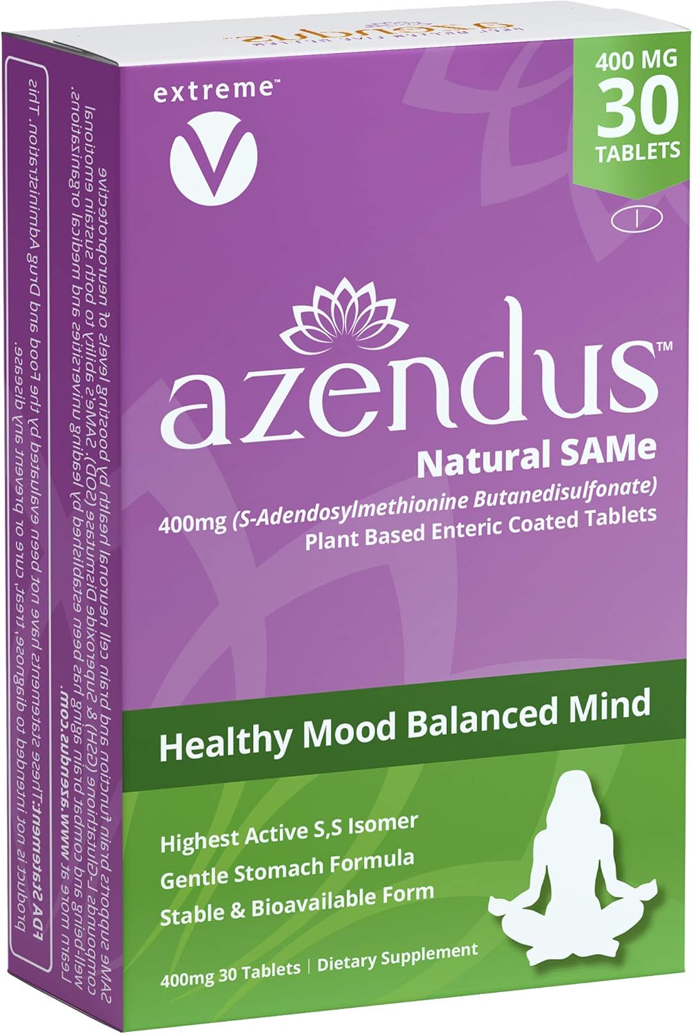 Azendus SAM-e Mood Support 400mg, 30 Count, Same Butanedisulfonate Fiber Enteric Coated Tablets