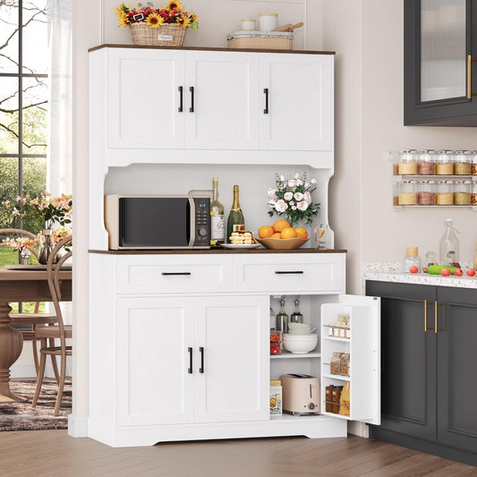 FACBOTALL Tall Kitchen Pantry Cabinet, Farmhouse Food Pantry Cabinet with Doors and Adjustable Shelves, Kitchen Hutch with Countertop and Microwave Stand for Dining Room, Living Room, White