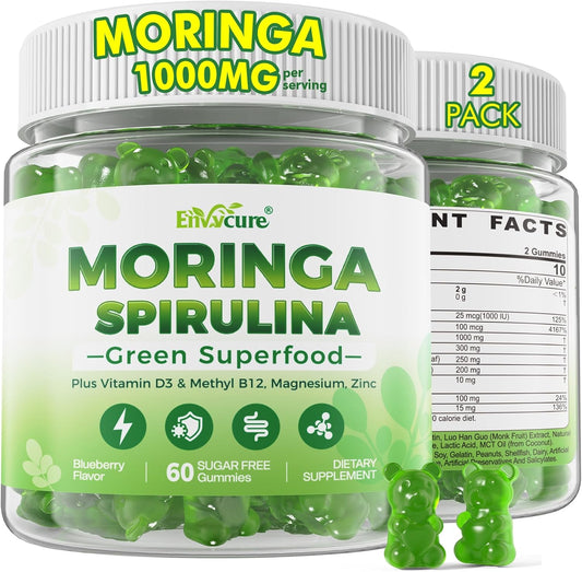 Organic Moringa Spirulina Gummies, Rich in Antioxidants, Essential Vitamins & Amino Acids, Pure Moringa Oleifera Leaves with Wheatgrass & Chlorella for Energy & Immunity, Green Superfood, 120 Cts